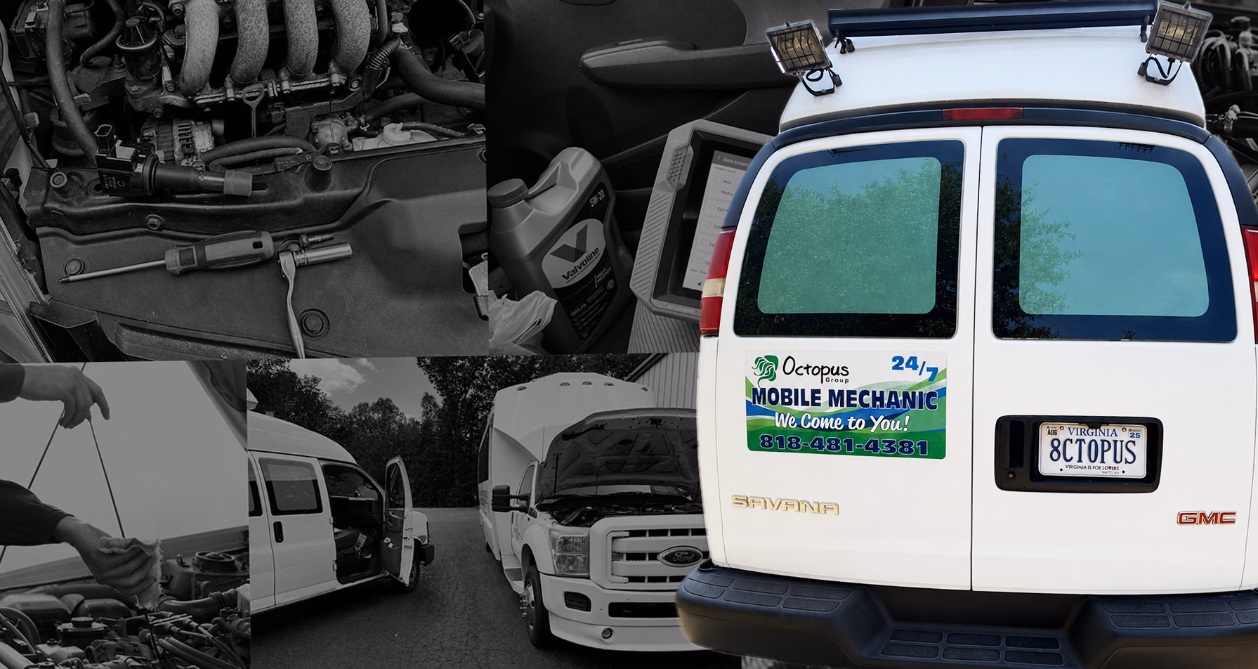 Collage: mobile mechanic van, engine repairs, oil container, diagnostic tool, and handshake.
